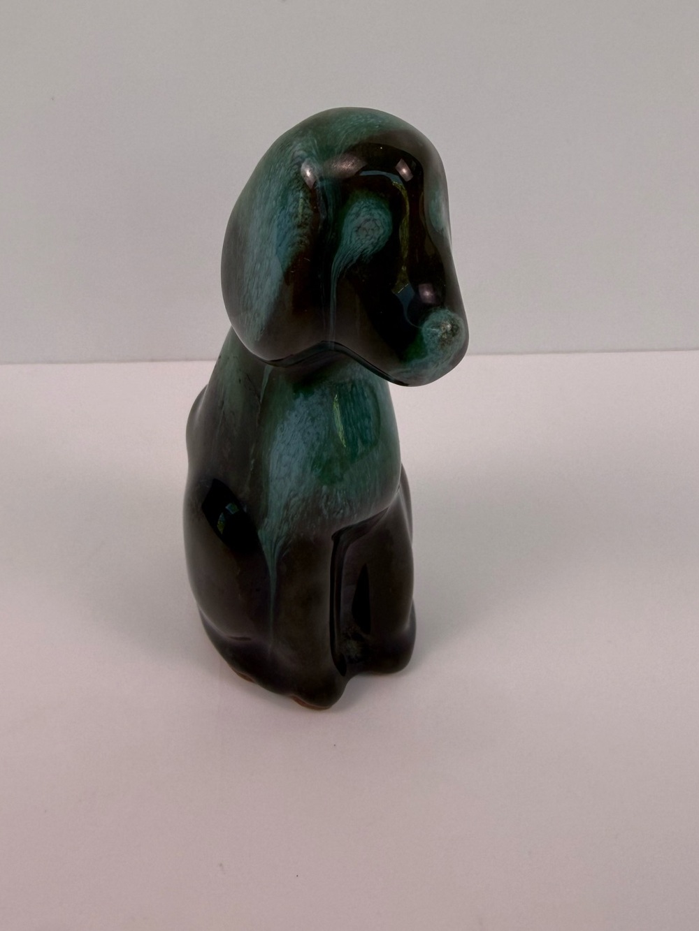 Blue Mountain Pottery Dog Figurine Canada Green Drip Glaze Spaniel Style 3”